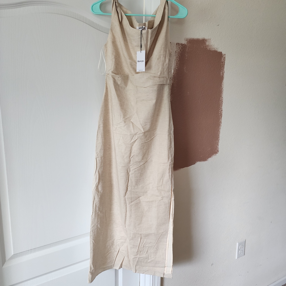 Elegant Beige Linen Midi Dress